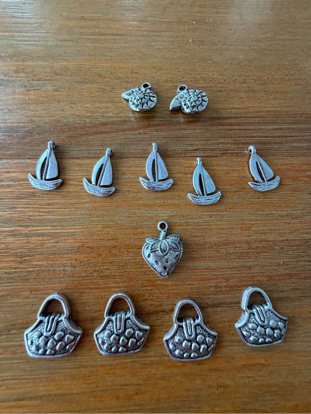 Mixed Lot of 12 Silver Tone Charms - Handbag, Strawberry, Boat & Shell